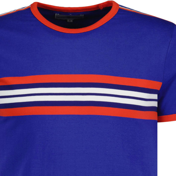 Madcap England Cassette Men's Retro Chest Stripe Taped Sleeve T-shirt in Sodalite Blue