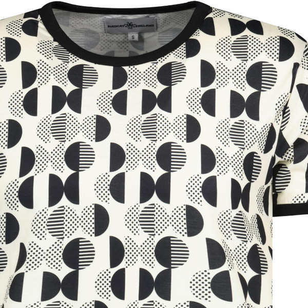 madcap england mens geo pattern printed ringer neck tshirt white black