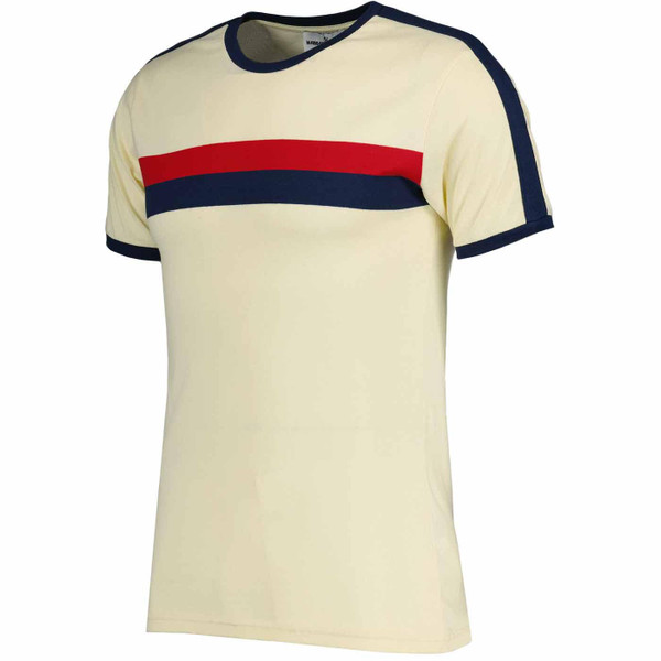 Madcap England Retro 1970s Chest Stripe Taped Sleeve Disco Ringer Tee in Ecru