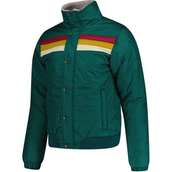 Madcap England Edge Men's Retro 1970s Rainbow Stripe Ski Jacket in Alpine Green