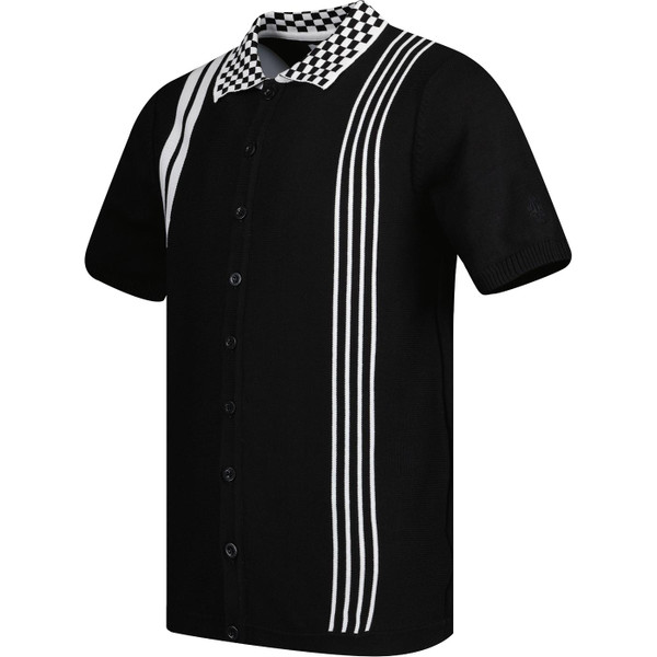 madcap england mens charlie checkerboard collar button through polo tshirt black white
