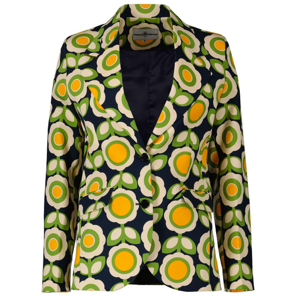 Madcap England Daydream Beau Retro 70s Women's Wide Lapel Blazer in Green Daisy print