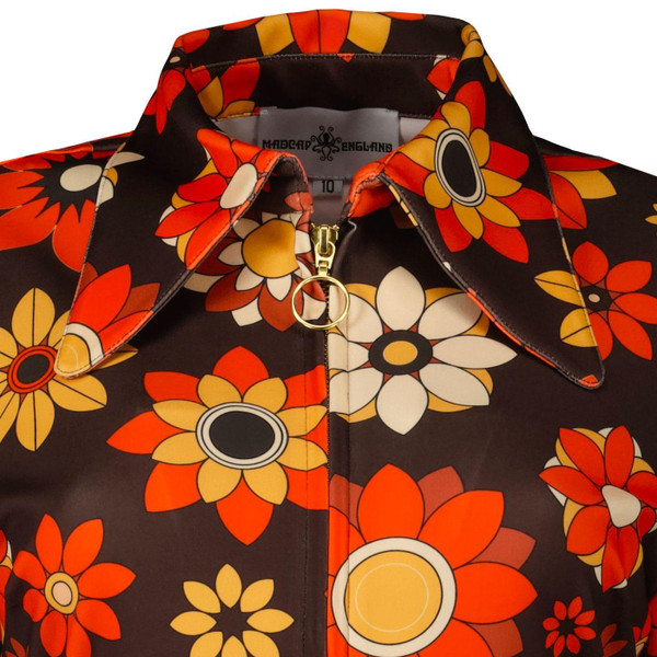 Madcap England Women's Retro 1970s Dagger Collar Zip Through Shirt in Daydream Orange print