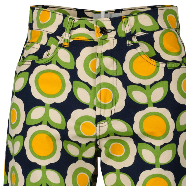 Madcap England Daydream Women's Retro Wide Leg Parallel Trousers in Green Daisy Print