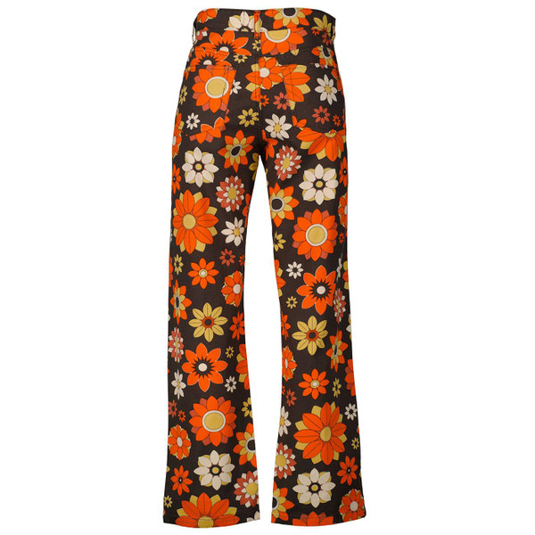 Madcap England Women's Retro 1970s Parallels Wide leg Trousers in Daydream Orange Floral Print
