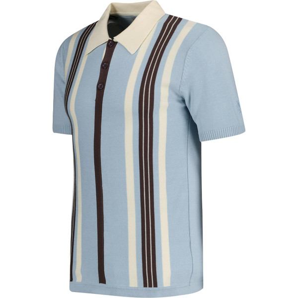 Madcap England Farlowe 60s Mod Knitted Stripe Polo Shirt in Winter Sky