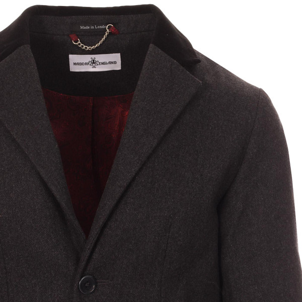 Madcap England Retro 1960s Mod Made in England Velvet Collar Wool Overcoat in Grey