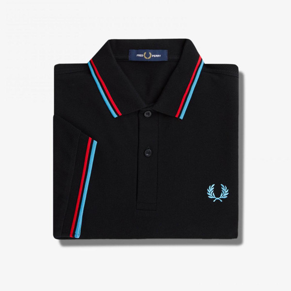 Fred Perry M3600 Twin Tipped Polo Shirt in Black with Washed Red  and Soft Blue Tipping M3600 S05