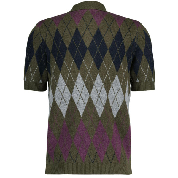 Lyle And Scott British Fair Isle Argyle Retro Knitted Polo Cardigan in Olive KN1922V