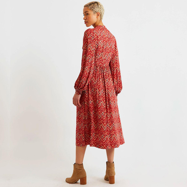Louche Nayma Art Attack Print Long Sleeve Retro Midi Dress in Red