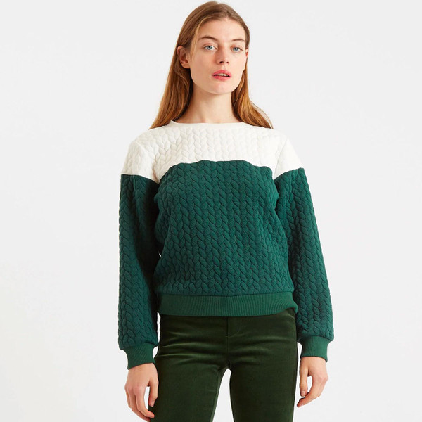 Louche London Jan 2 Colour Quilted Sweatshirt in Forest Green and White