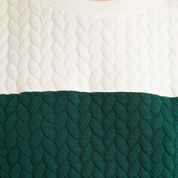 Louche London Jan 2 Colour Quilted Indie Crew Neck Sweatshirt in Forest Green and White