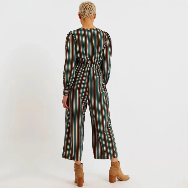 Louche London Darcy Winter Stripe Retro Jumpsuit in Brown and Green