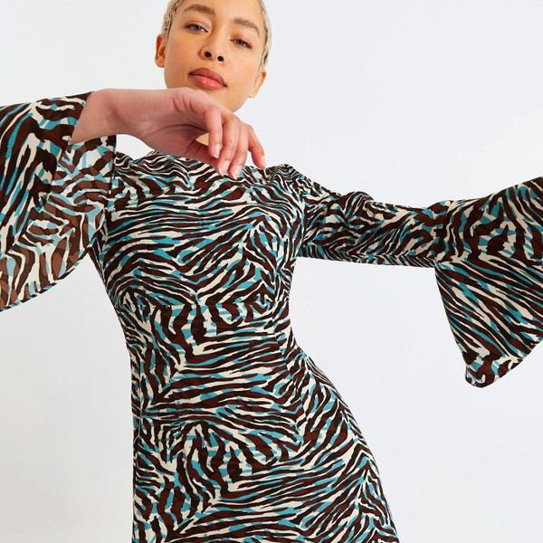 Louche London Candra Roar Print Retro Midi Dress in Chocolate and Turquoise