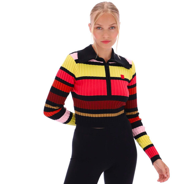 Fila Vintage Women's F23WF029 001 Lar 70s Style Striped Ribbed Zip Neck Polo Top