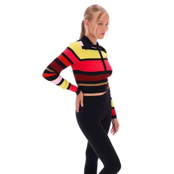 Fila Vintage Women's F23WF029 001 Lar 70s Style Striped Ribbed Zip Neck Polo Top