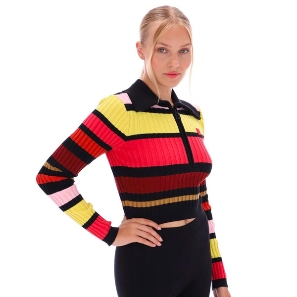 Fila Vintage Women's F23WF029 001 Lar 70s Style Striped Ribbed Zip Neck Polo Top