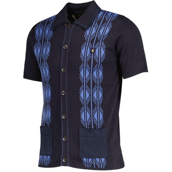 Gabicci Vintage Idol 50th Anniversary Intarsia Polo Cardigan in Navy