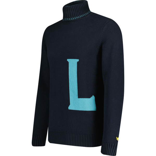 lyle and scott mens retro jacquard initials detail roll neck jumper navy