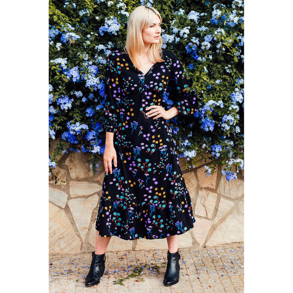 Sugarhill Brighton Retro 70s Petra Midi Dress in Wild Floral black print
