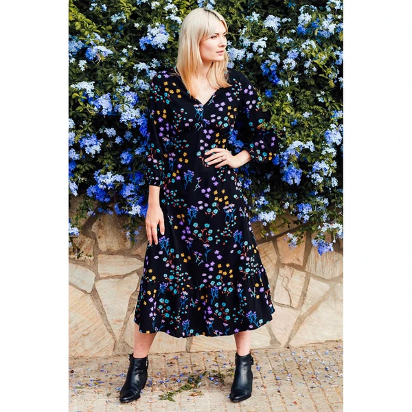 Sugarhill Brighton Retro 70s Petra Midi Dress in Wild Floral black print