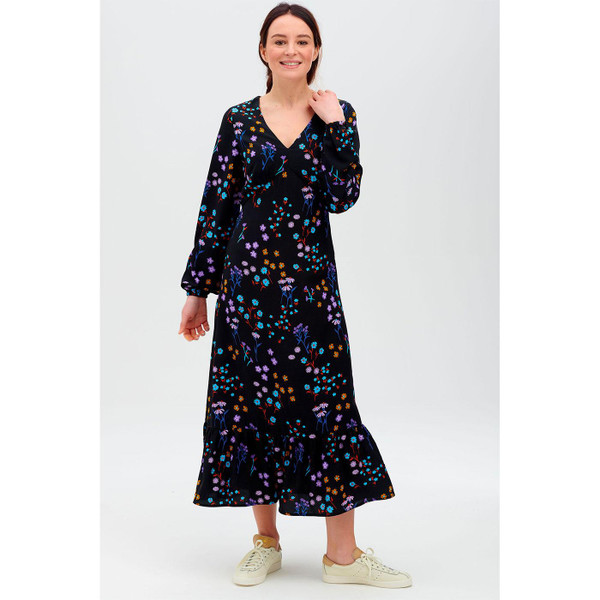 Sugarhill Brighton Retro 70s Petra Midi Dress in Wild Floral black print