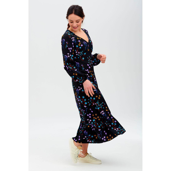Sugarhill Brighton Retro 70s Petra Midi Dress in Wild Floral black print