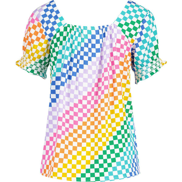 sugarhill brighton womens rainbow checkerboard pattern square neck puff sleeve top multicolour