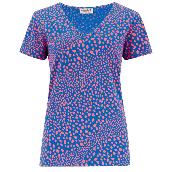 Sugarhill Brighton Eva Retro V-Neck T-shirt in Blue Painterly Spot