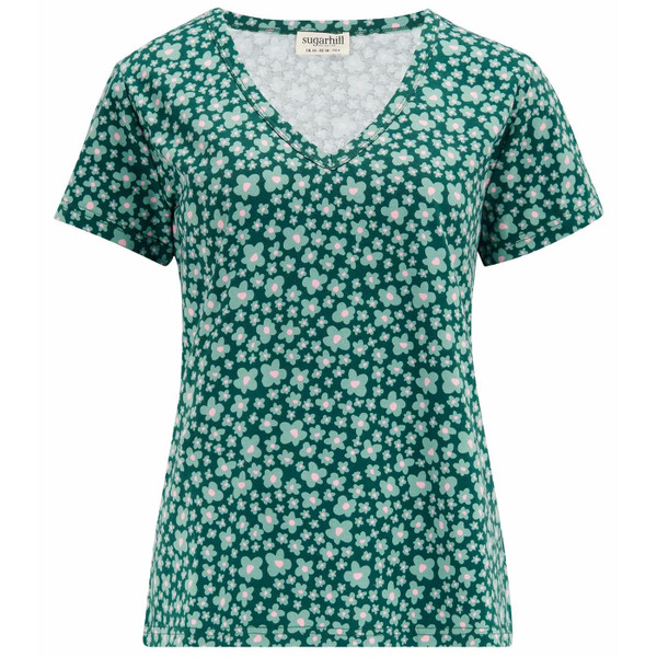 Sugarhill Brighton Eva V-Neck T-shirt in Dark Green Field of Daisies