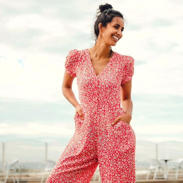 Sugarhill Brighton Retro 70s Kalisha Jumpsuit in red Rainbow Daisies