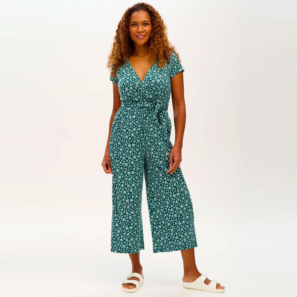 Sugarhill Brighton Katrina Cropped Jersey Jumpsuit in Dark Green Field of Daisies