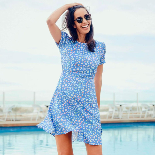 Sugarhill Brighton Amoret Retro Summer Dress in Blue Rainbow Leopard