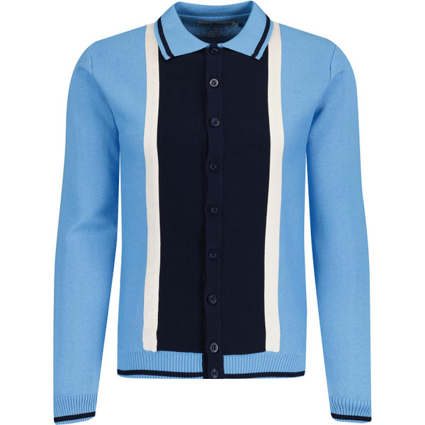 Madcap England Marriott Suede 60s Mod Button Through Knitted Polo Top in Bonnie Blue