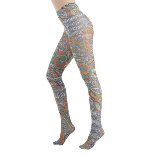 Pamela Mann Boho Retro 60s Printed Floral Paisley Tights in Orange/Green