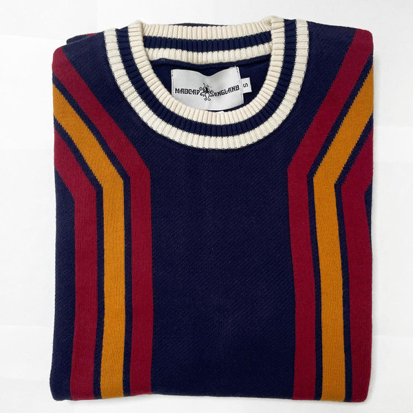 Madcap England Modernista Retro 1970s Mod Waffle Texture Contoured Stripe Knitted Tee in Eclipse