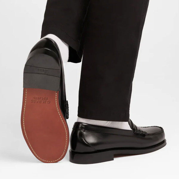 Leather sole on Bass Weejuns Men's Heritage Larson Penny Loafers with Leather Sole in Black Leather