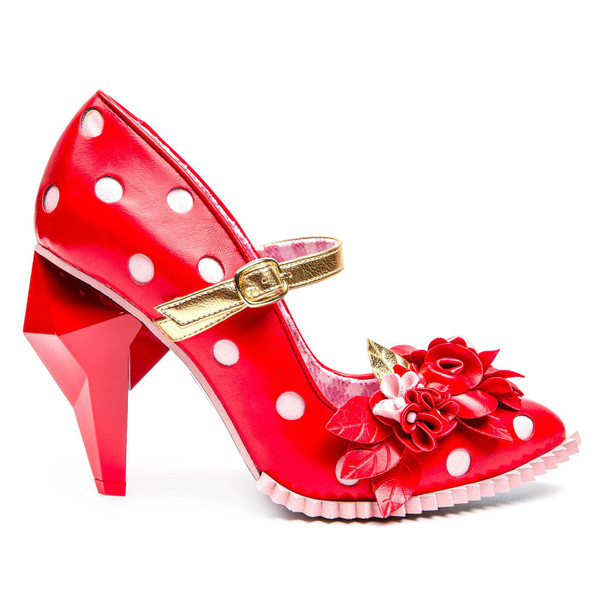Irregular Choice Crystal Pips Retro Polka Dot Floral Heels in Red