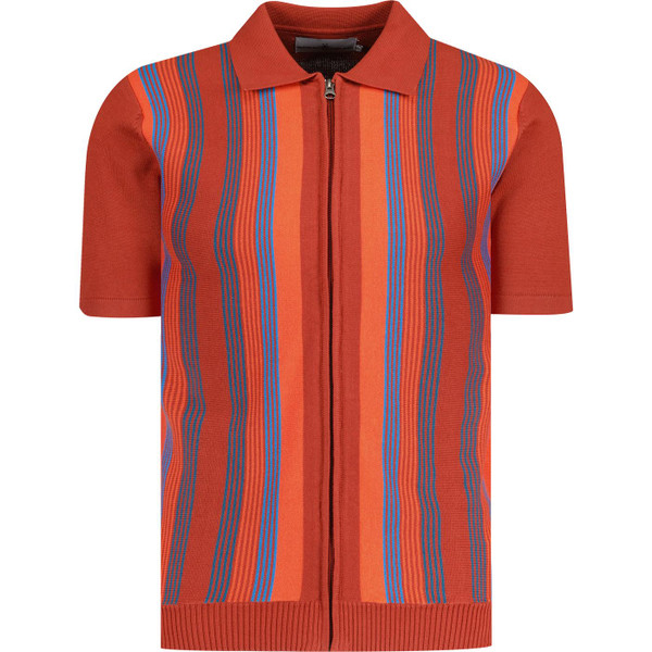 Madcap England Capitol Men's Retro 1960s Mod Multi Stripe Knitted Zip Through Polo Top in Picante