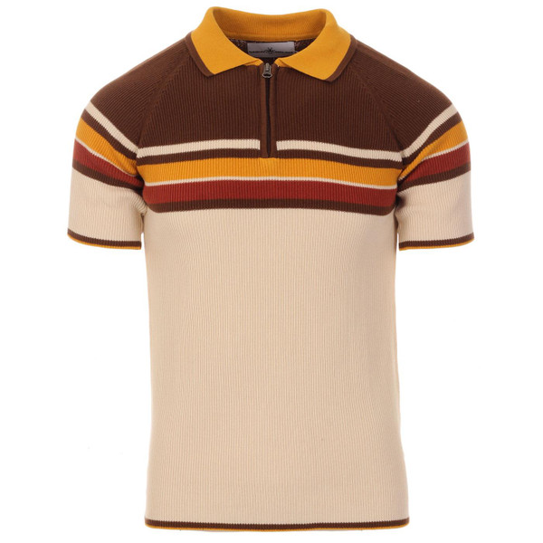 Madcap England Meteor Retro 70s Mod Ribbed Stripe Panel Polo Shirt in Birch