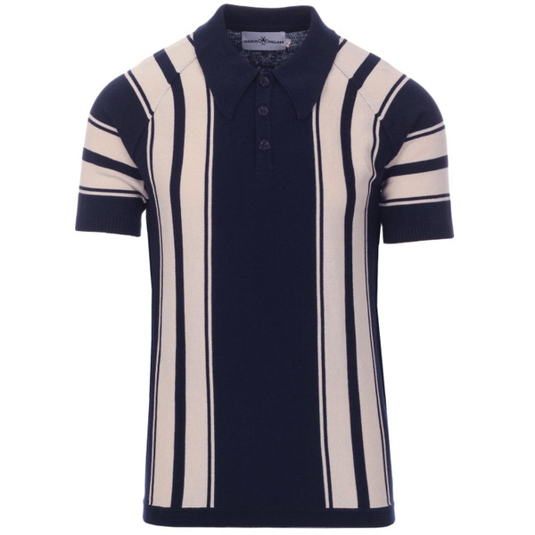 Madcap England Acid Test 60s Mod Big Collar Stripe Knit Polo Top in Navy