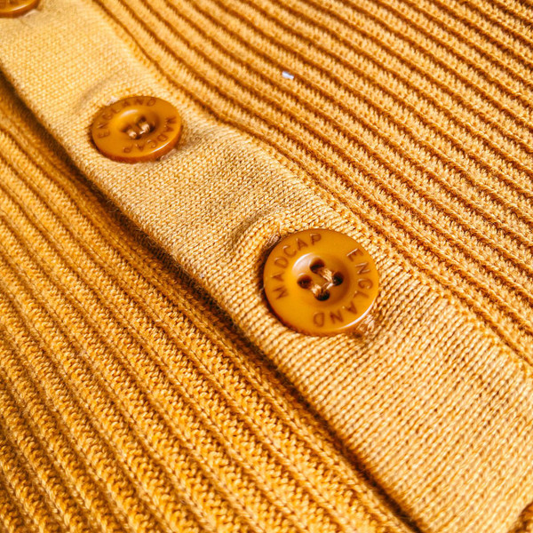 Stacklay shot of Madcap England mens ribbed plain grandad henley collar long sleeve ribbed jumper in yellow