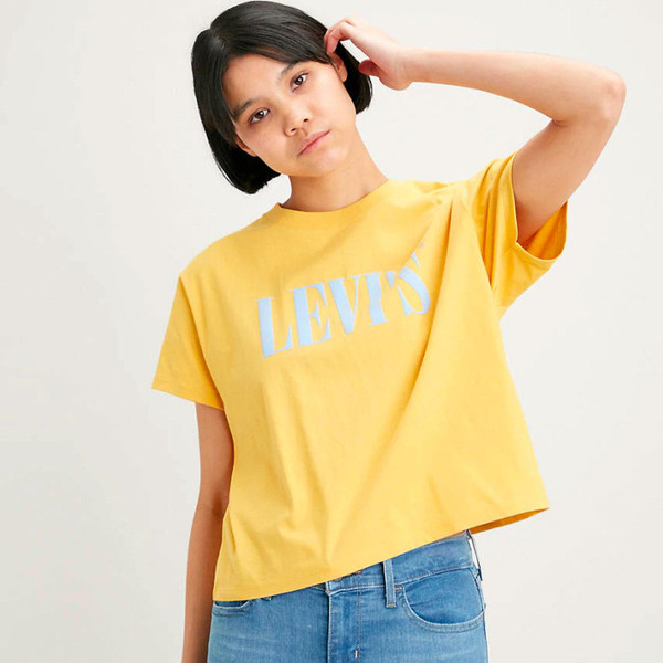 levis womens large serif logo print varsity tshirt gold coast yellow