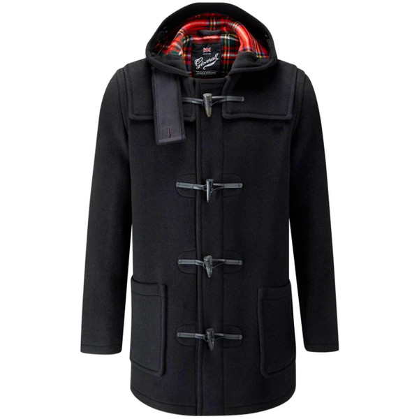Gloverall MC3251 Made in England Mens Mid Length Checkback Hooded Duffle Coat in Black Royal with Royal Stewart Lining