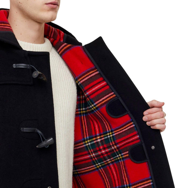 Inside of Gloverall MC3251 Made in England Mens Mid Length Checkback Hooded Duffle Coat in Black Royal with Royal Stewart Lining
