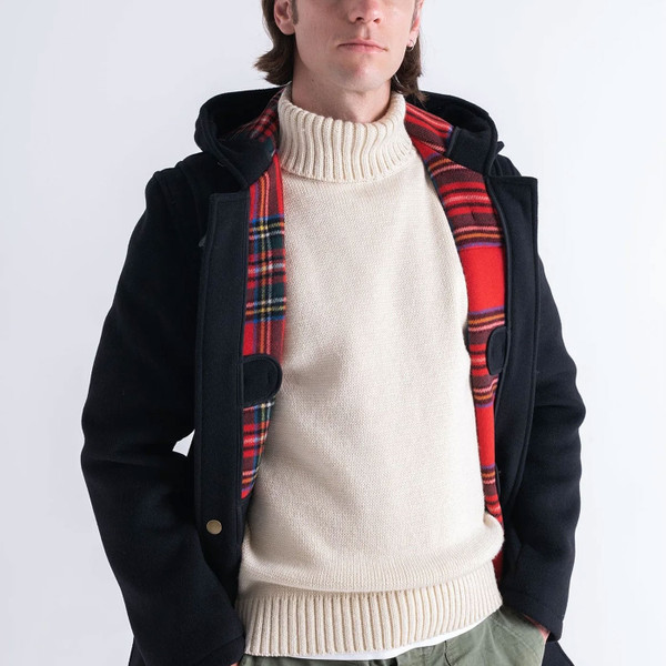 Man wearing Gloverall MC3251 Made in England Mens Mid Length Checkback Hooded Duffle Coat open with lining showing