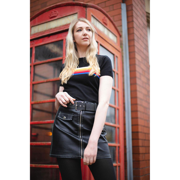 Madcap England Britpop Women's Retro Mod Rainbow Chest Stripe Knitted Tee in Black	