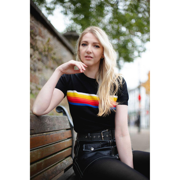 Madcap England Britpop Women's Retro Mod Rainbow Chest Stripe Knitted Tee in Black	
