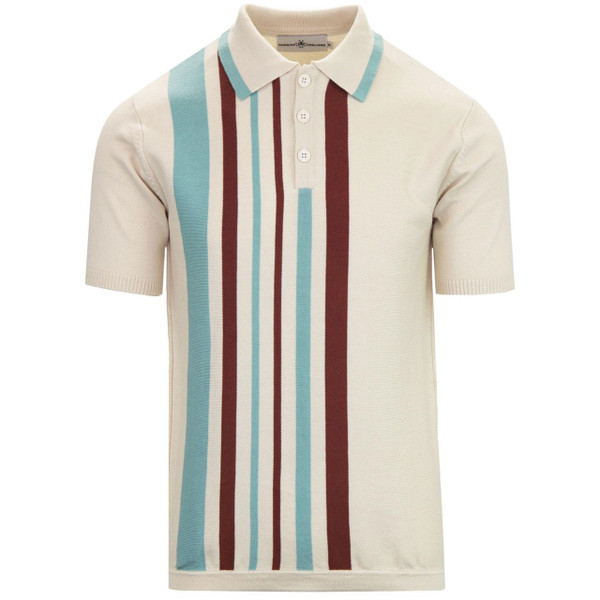 Madcap England Bauhaus Retro Stripe Knitted Polo Shirt in Birch Main View