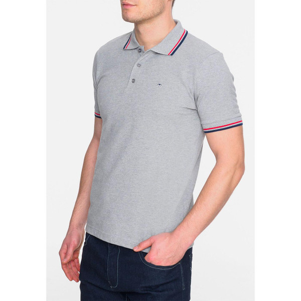 Merc Men's Mod Twin Tipped Pique Polo Shirt in Mineral Grey Marl with red and navy tipping